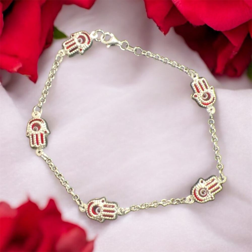 925 Sterling Silver Hamsa Hand Bracelet with Red Enamel